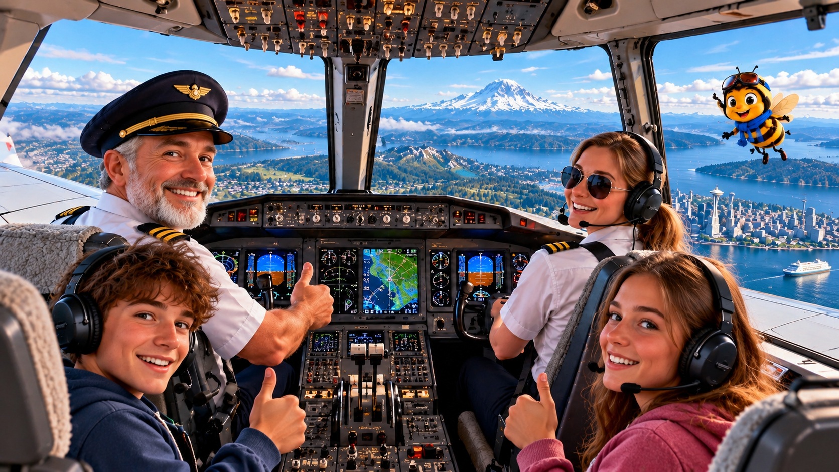 Four people flying an airplane over Seattle