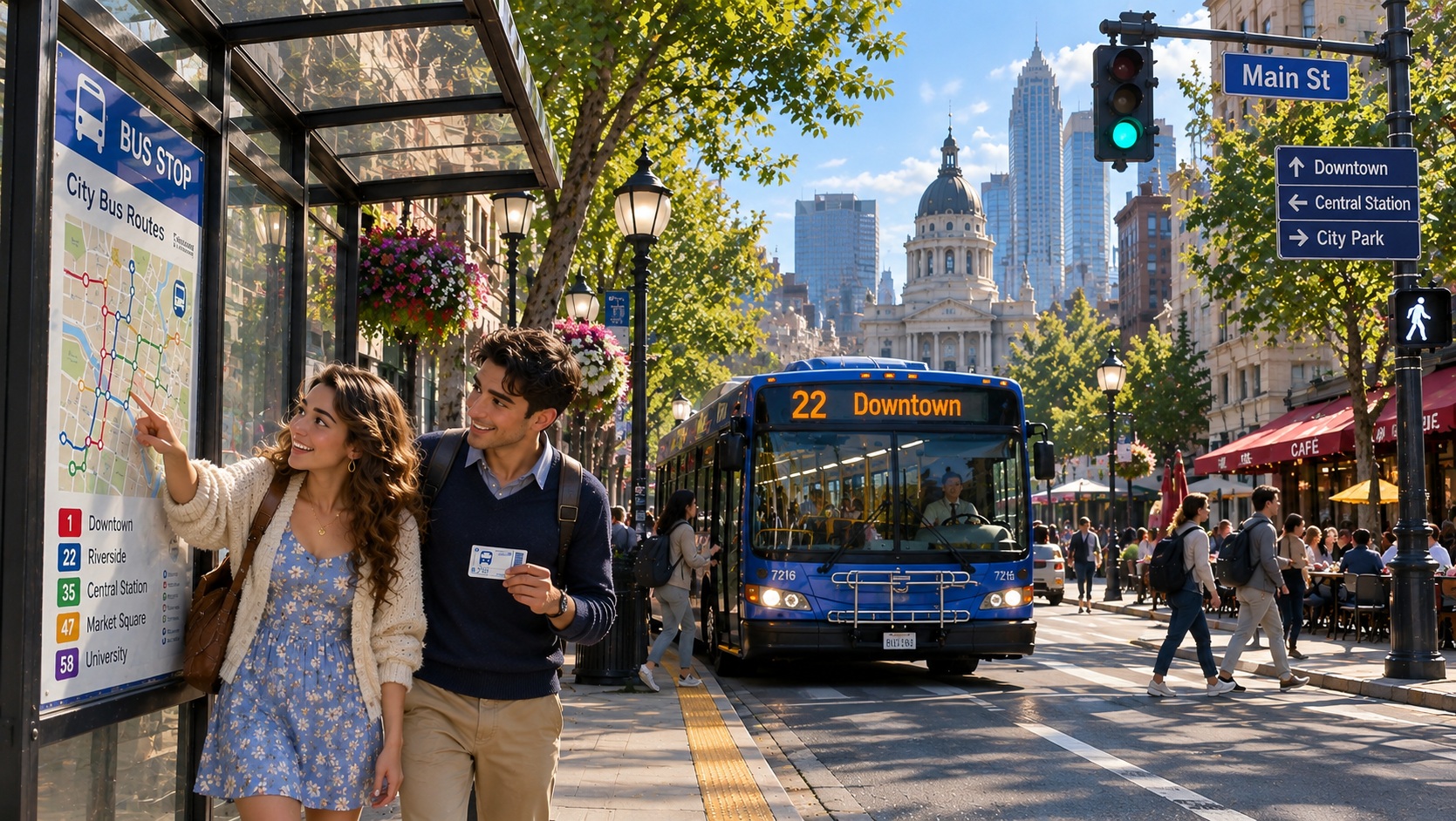 Nicole and Mitchell at a city bus stop with route map, bus, traffic lights and pedestrians