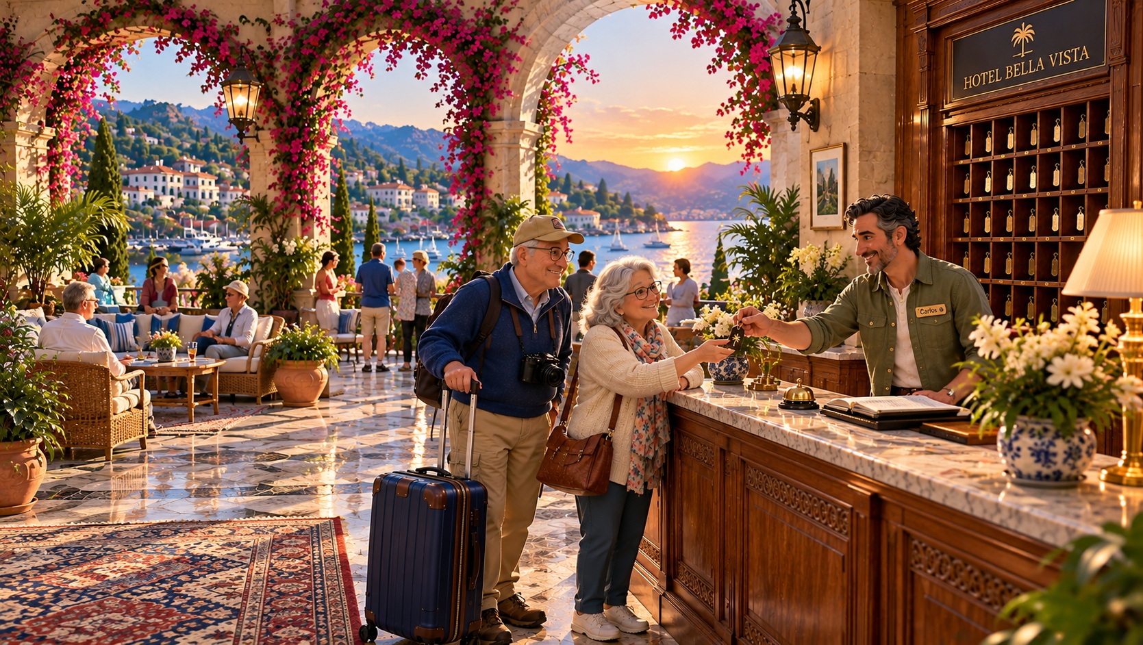 Grandpa Wally and Grandma Cathy checking into a hotel with Carlos at the front desk
