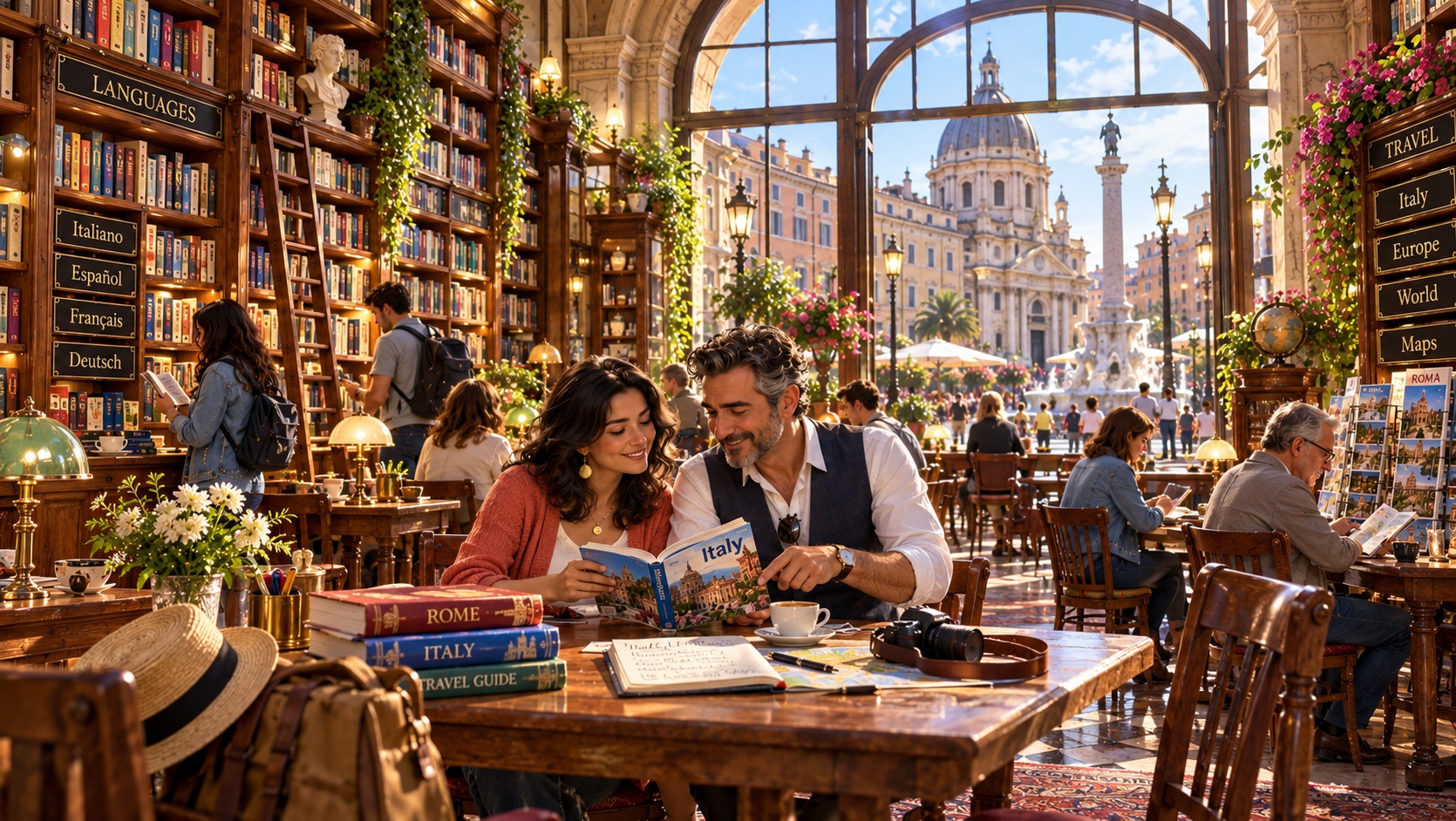Sofia and Daniel studying Italian in a beautiful library