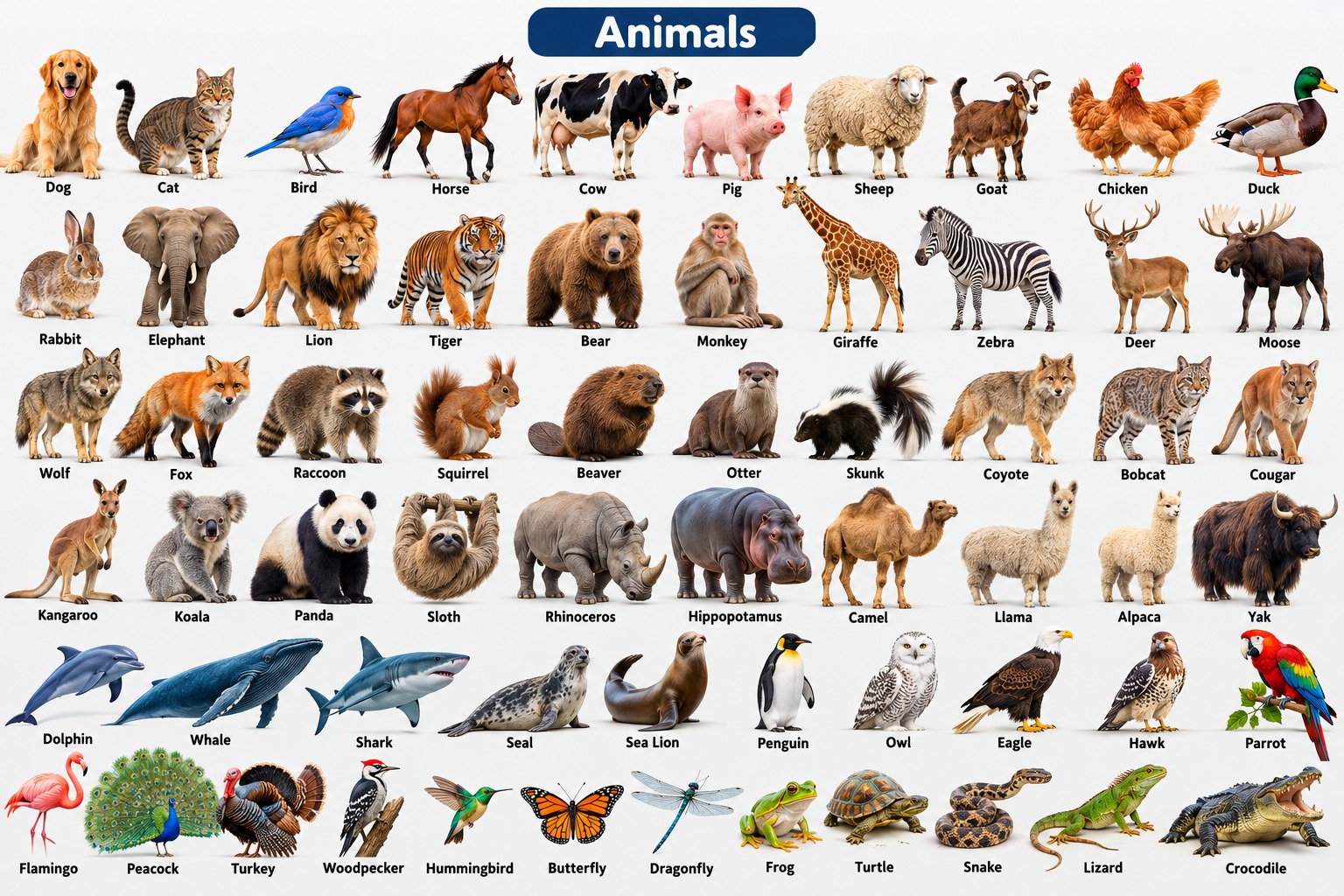 Animal vocabulary chart with 62 animals in six rows