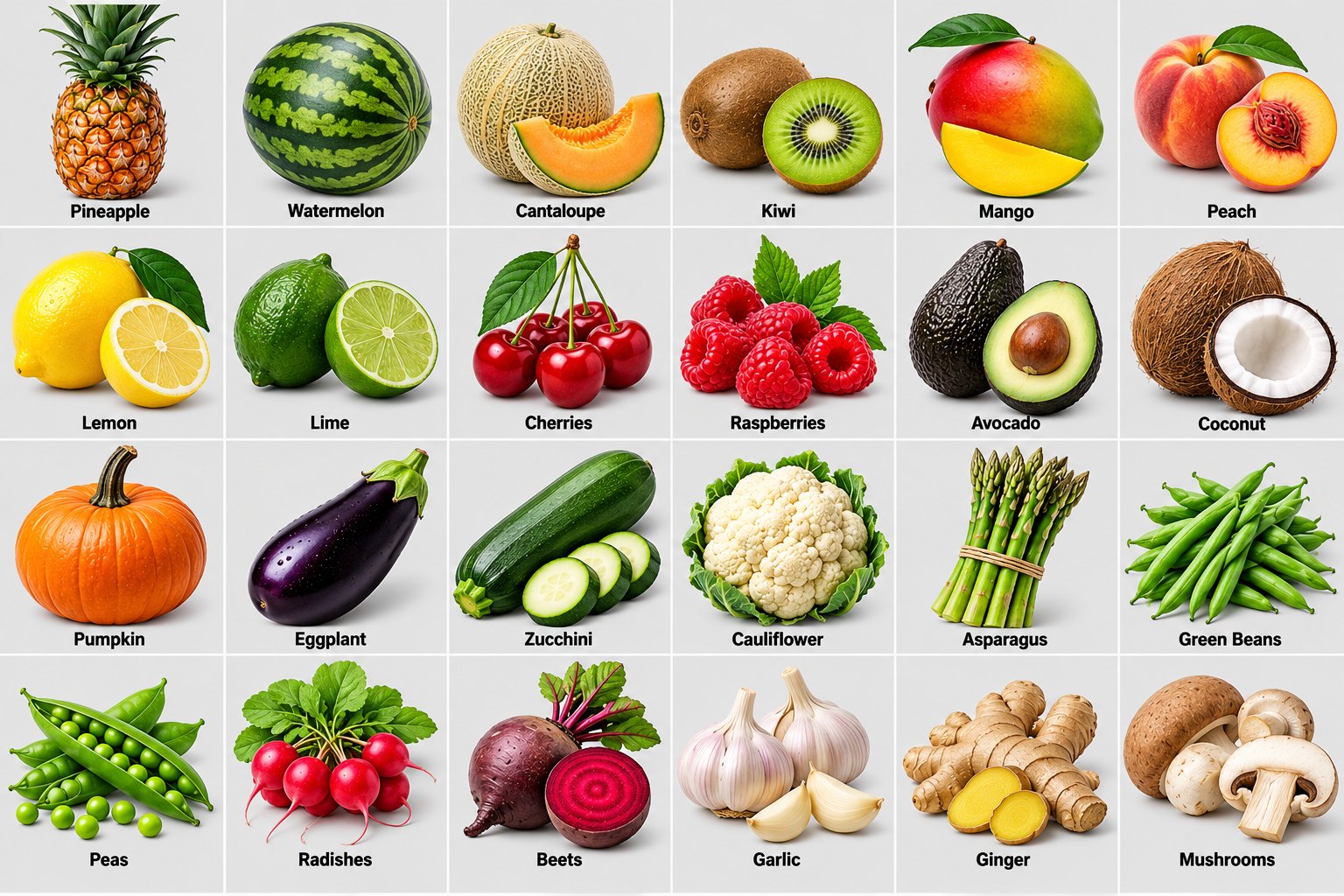 Twenty-four additional fruits and vegetables arranged in four rows of six