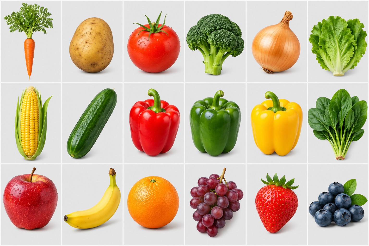 Eighteen fruits and vegetables arranged in three rows of six