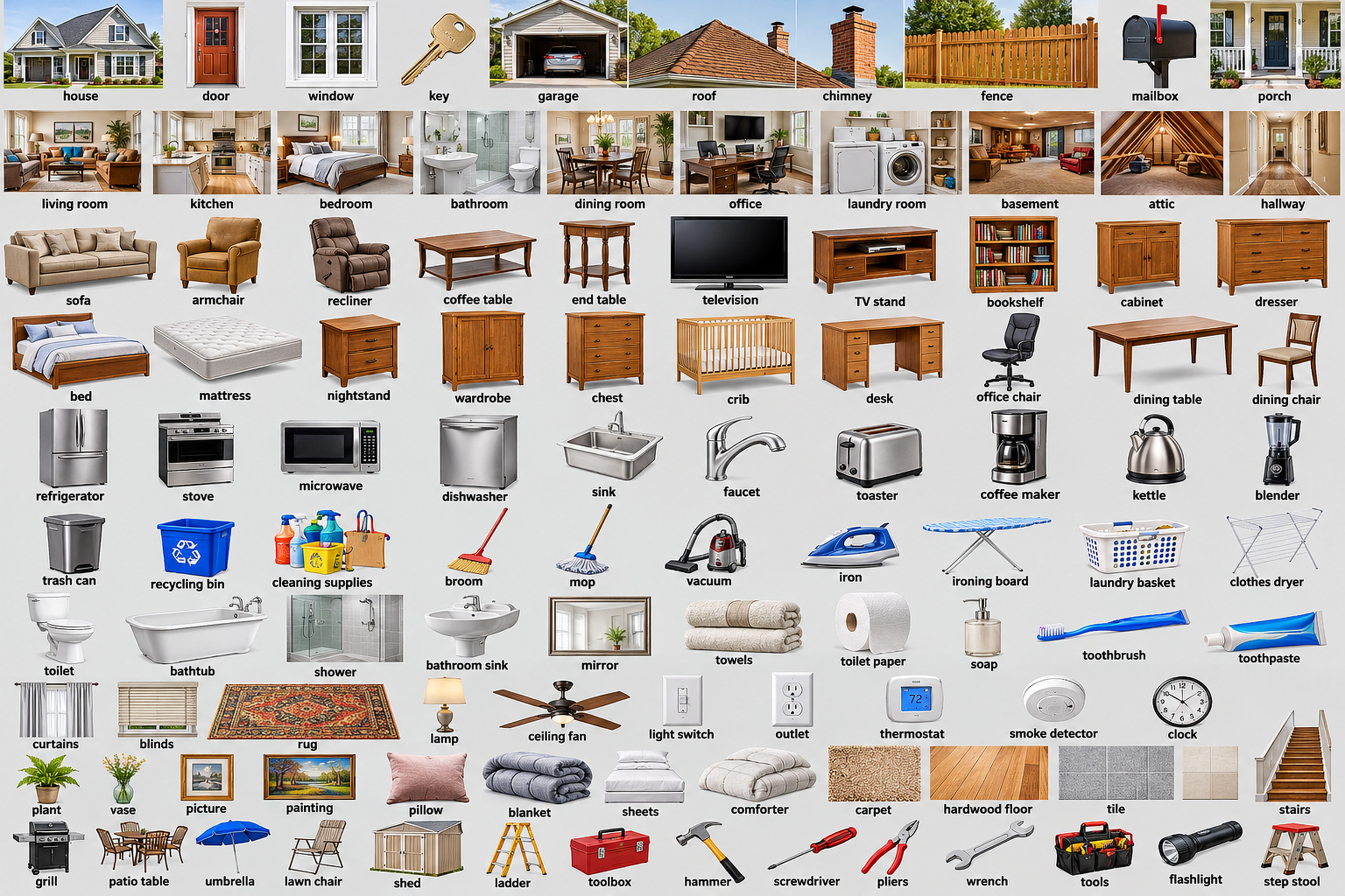 Home and furniture chart with 106 labeled household items