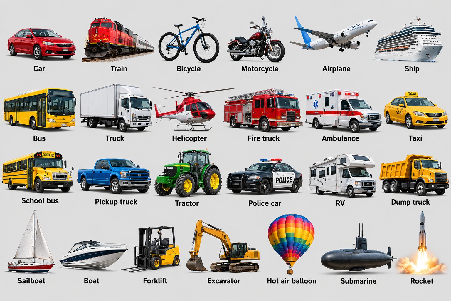 Transportation chart with 25 real vehicles