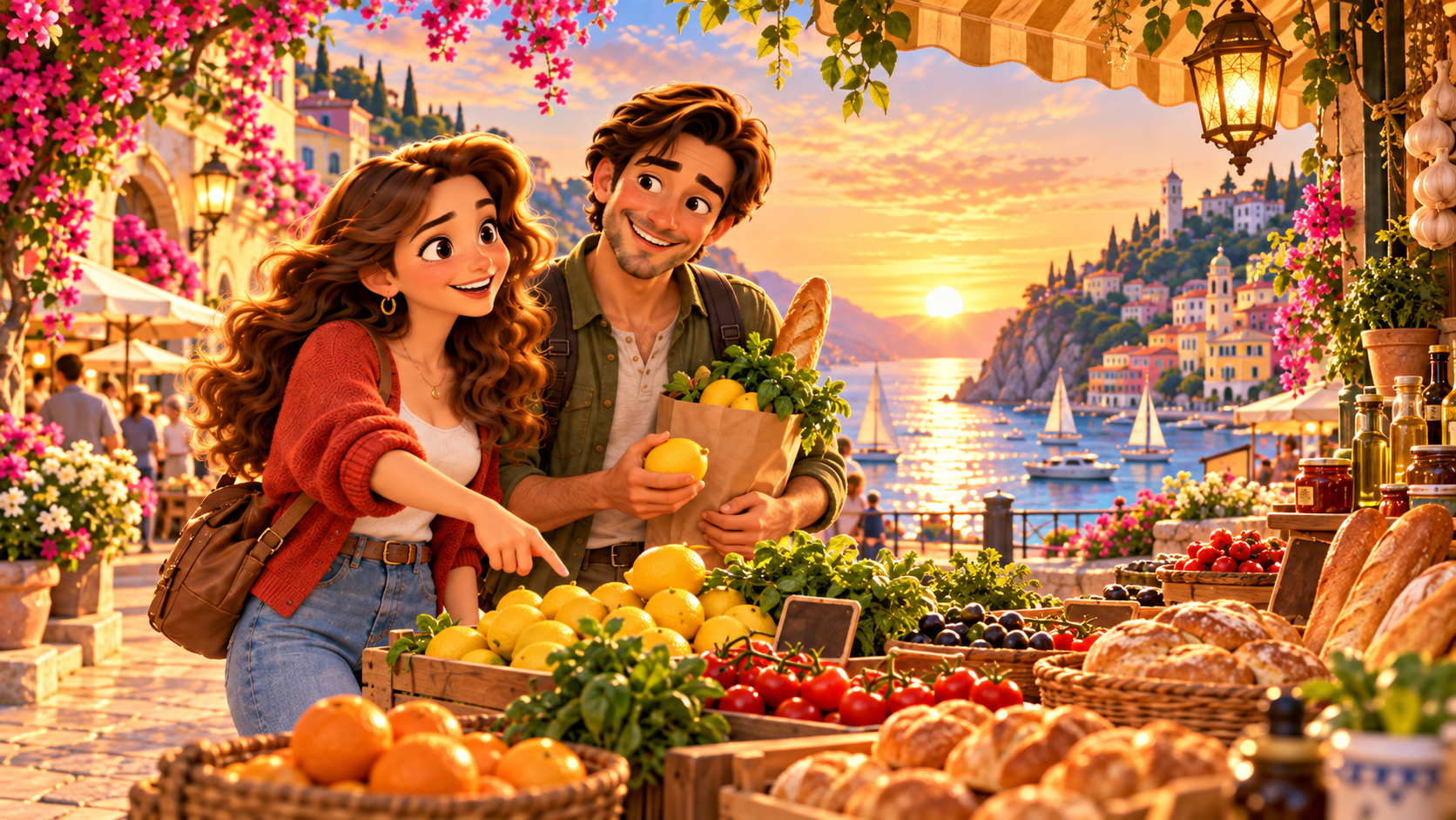 Romantic sunset seaside market